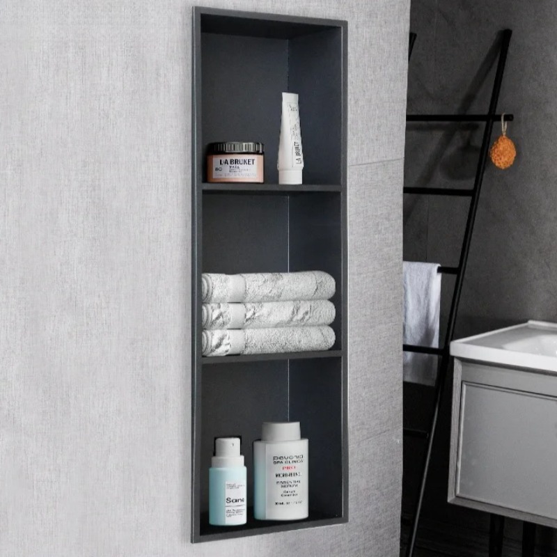 Shower Niche Stainless Steel Recessed - 04-Edelstahl-Einbaubal mit schwarzer Wand, wasserdichtes Duschregal,