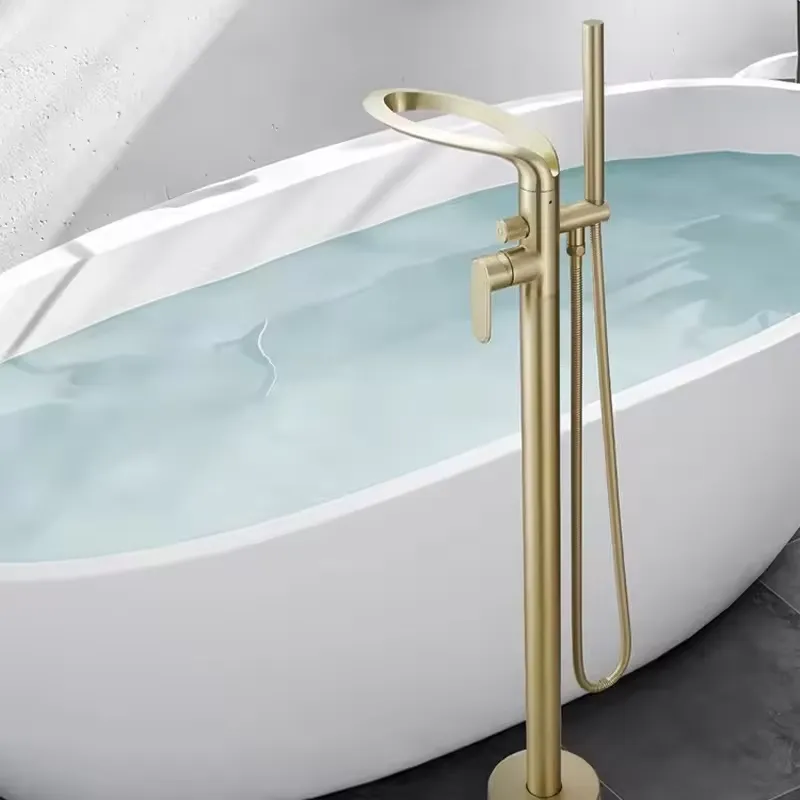 Freestanding Bathtub Filler Faucet Floor - Moderner Freistehender Messing-Badewannenfüller mit Wasserfall-Auslauf, Bodenmontierte