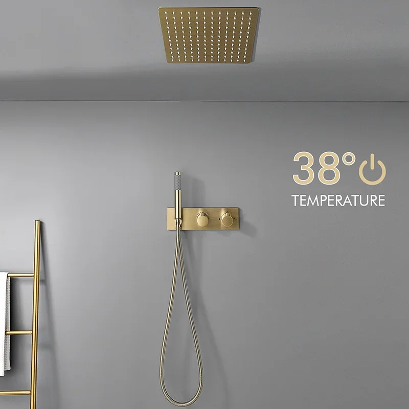 Concealed Thermostatic Shower System Set - Gebürstetes Gold Doppelfunktions-Einbau-Badezimmer-Thermostat-Duschsystem-Set mit verdecktem Ventilkörper
