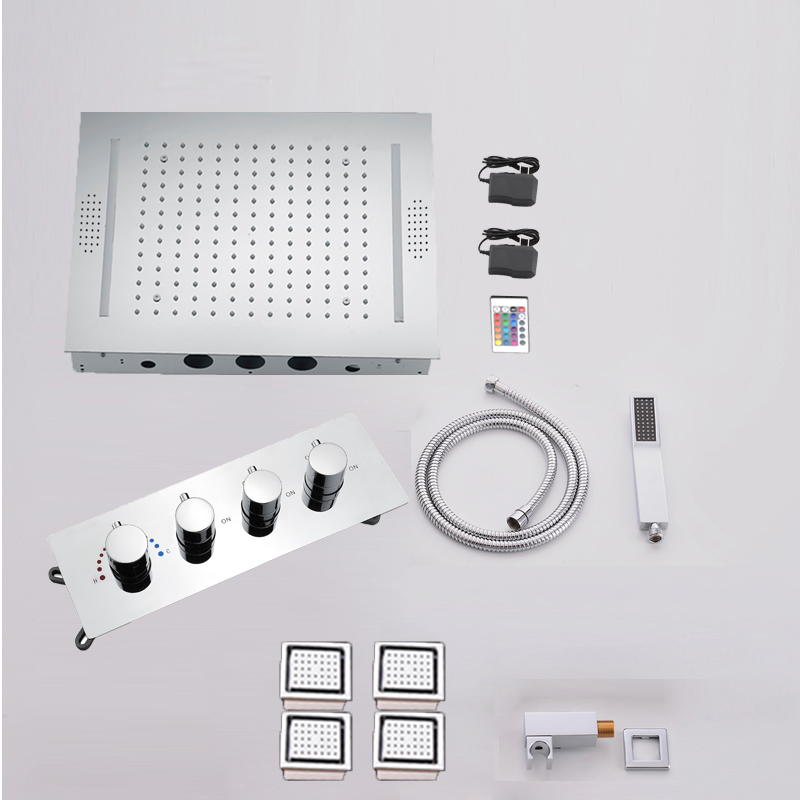 Thermostatic Shower Faucet Valve 3 Way - Musik-LED-Regenduschkopf-Set mit Massagefunktion, 4'' Körperdüsen, Thermostat