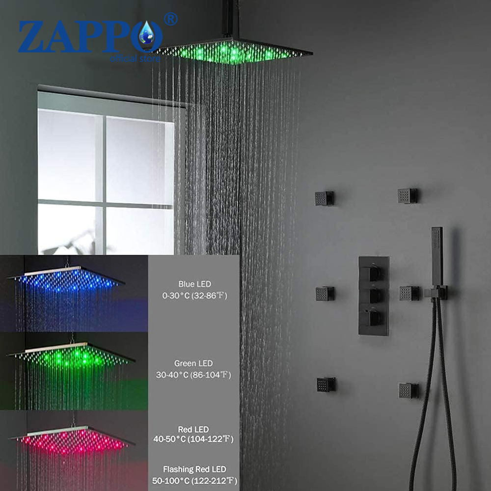 Concealed Thermostatic Shower System Set - ZAPPO Mattschwarzes Thermostatisches Duschsystem mit LED